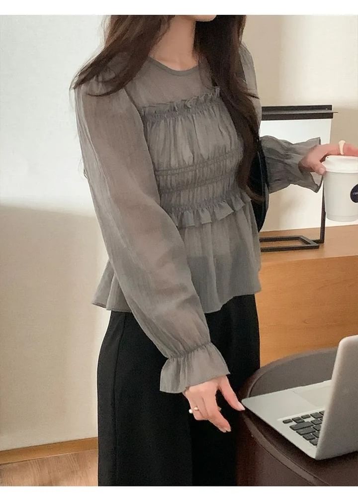 Round Neck Ruffle Trim Long-Sleeve Blouse