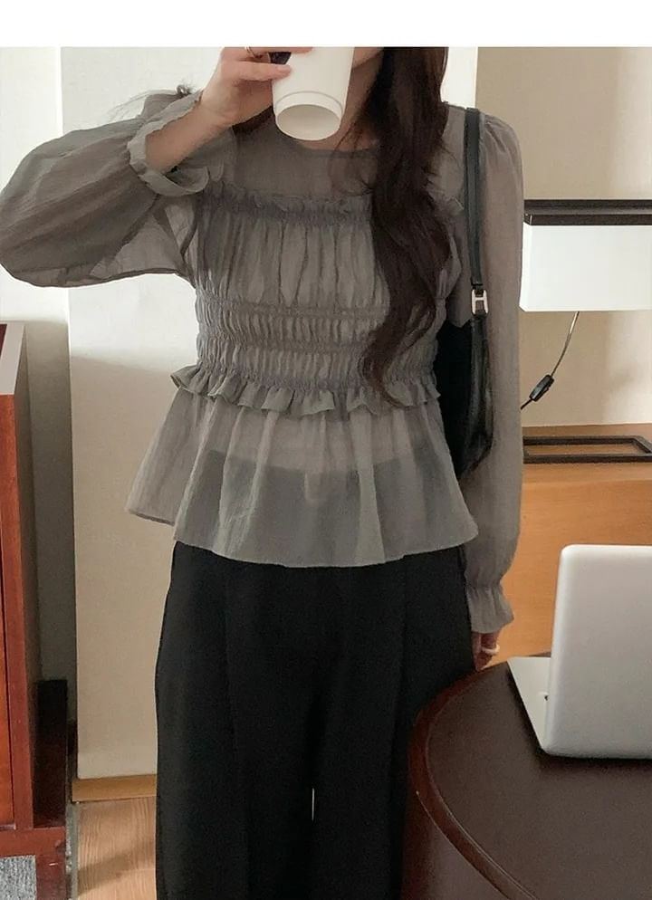 Round Neck Ruffle Trim Long-Sleeve Blouse