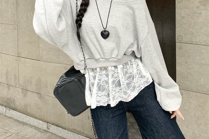 Cold Shoulder Mock Two Piece Lace Trim Sweatshirt