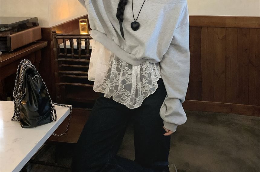 Cold Shoulder Mock Two Piece Lace Trim Sweatshirt