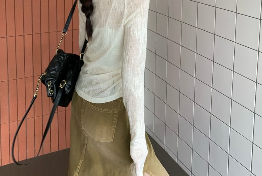 Sheer Crewneck Top with Long Sleeves