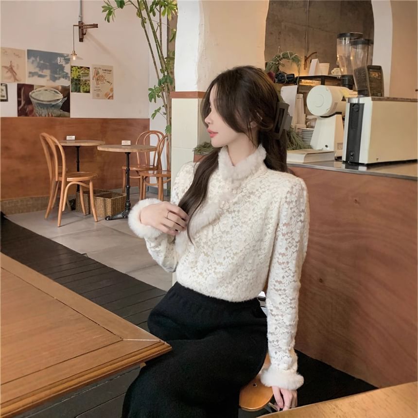 Stand Collar Fluffy Trim Frog Button Lace Blouse