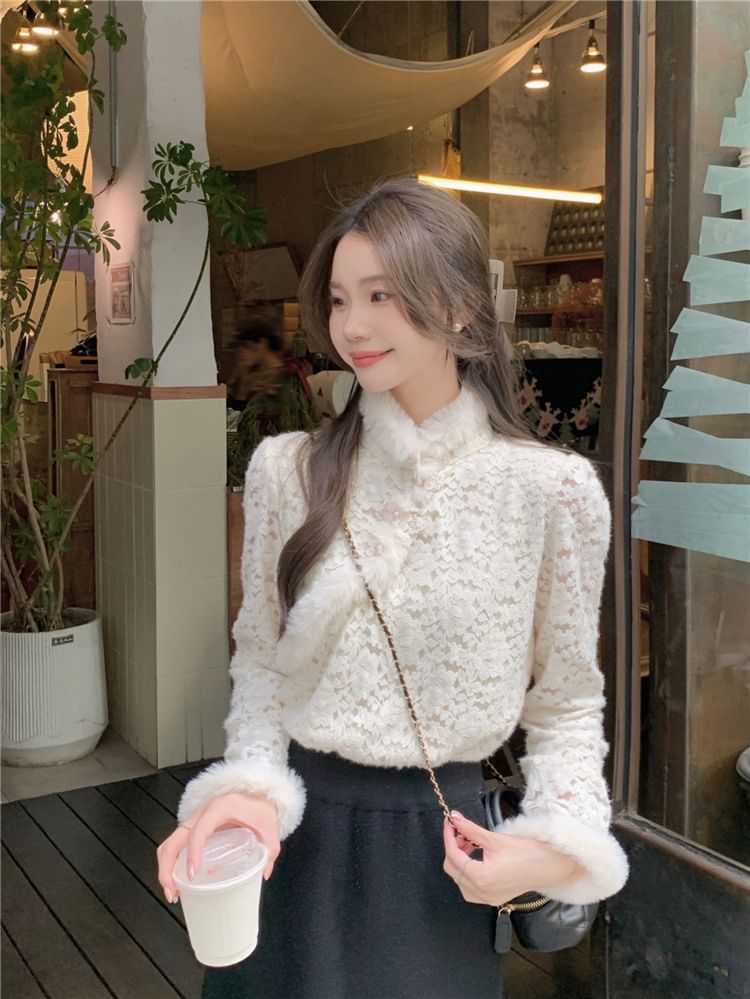 Stand Collar Fluffy Trim Frog Button Lace Blouse