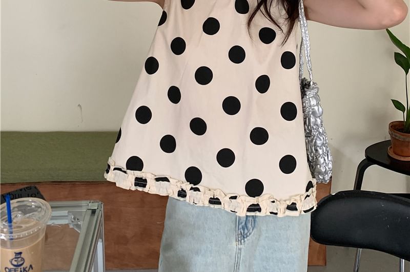 Polka Dot Tank Top with Frill Trim and Crew Neck