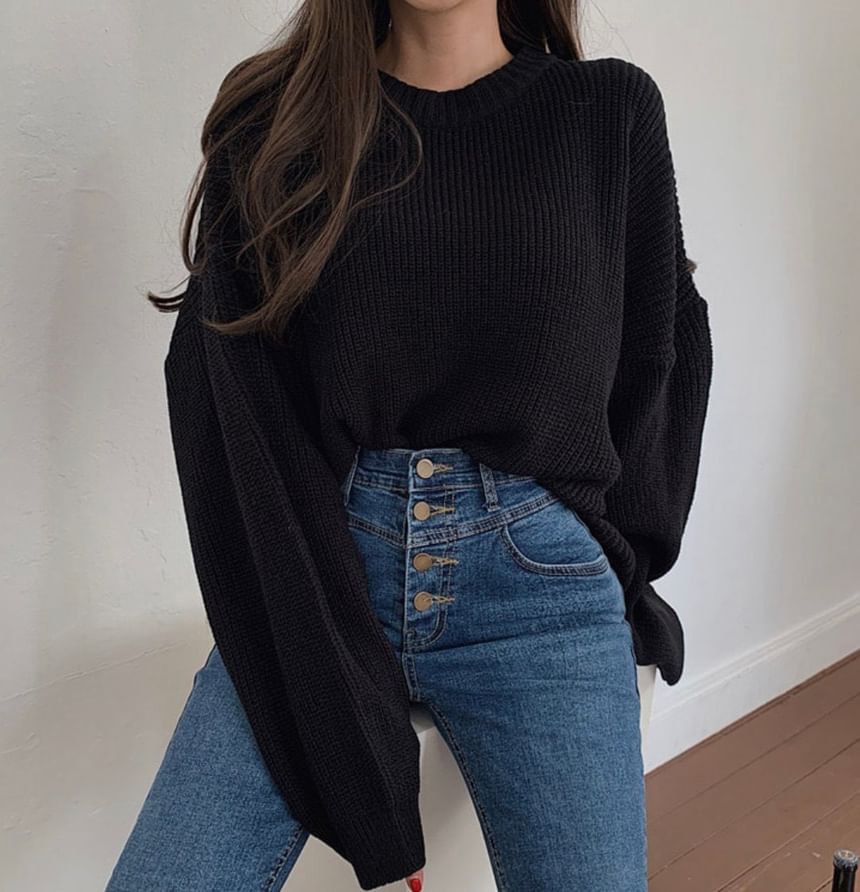 Ribbed Knit Crew Neck Pullover Sweater