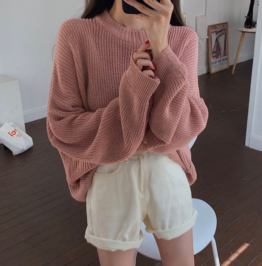 Ribbed Knit Crew Neck Pullover Sweater