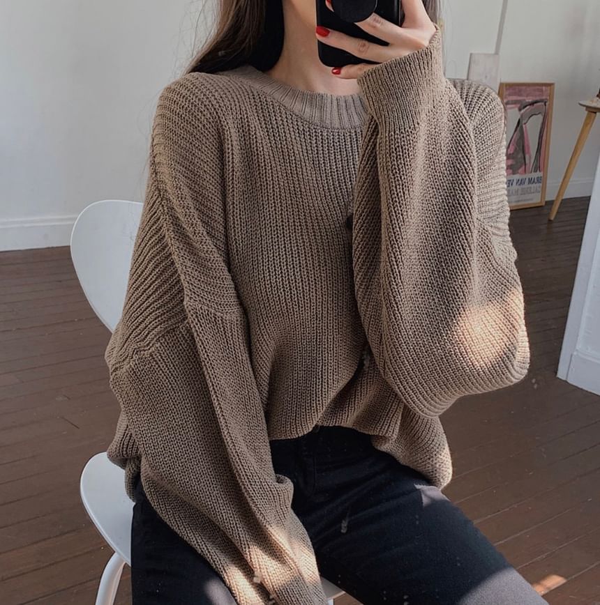 Ribbed Knit Crew Neck Pullover Sweater