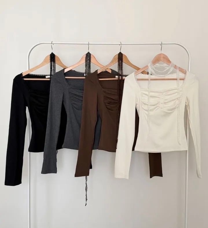 Square Neck Plain Lace Trim T-Shirt Long Sleeve