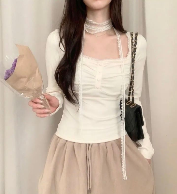 Square Neck Plain Lace Trim T-Shirt Long Sleeve