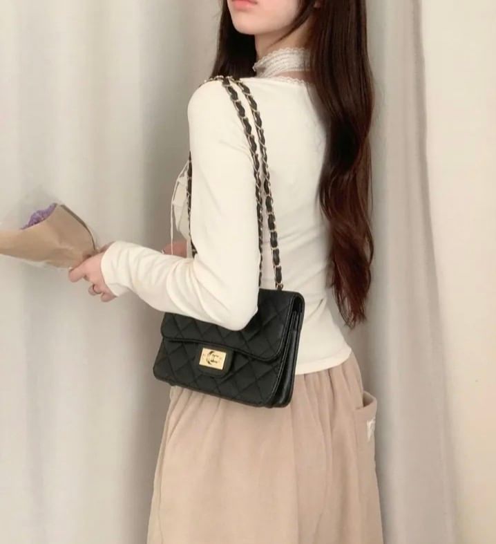 Square Neck Plain Lace Trim T-Shirt Long Sleeve