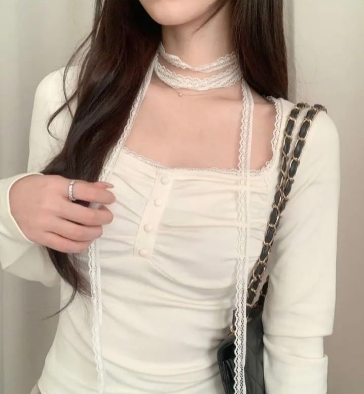 Square Neck Plain Lace Trim T-Shirt Long Sleeve