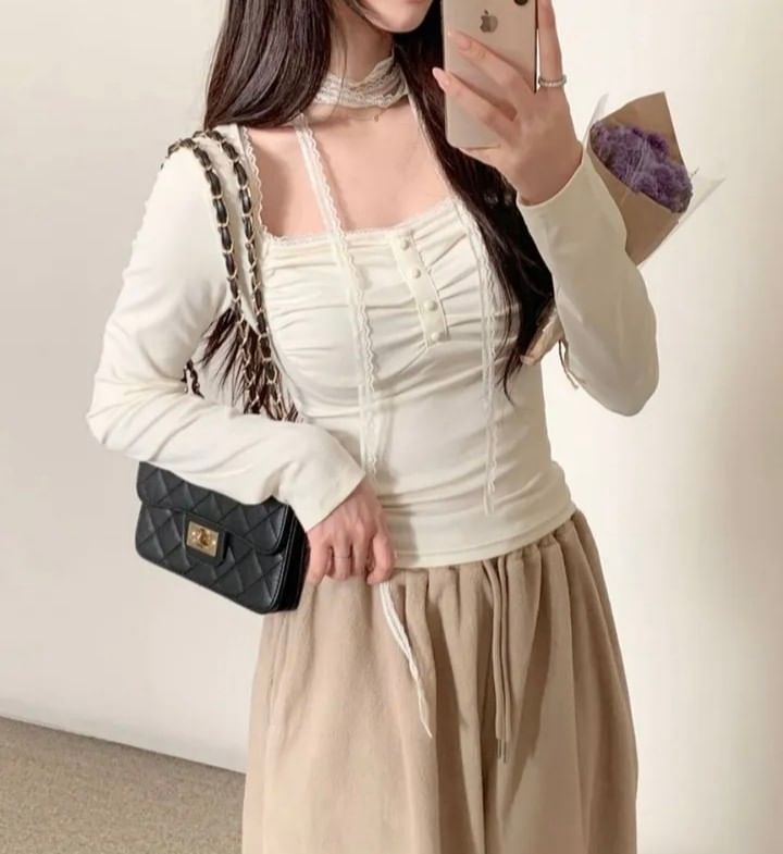 Square Neck Plain Lace Trim T-Shirt Long Sleeve