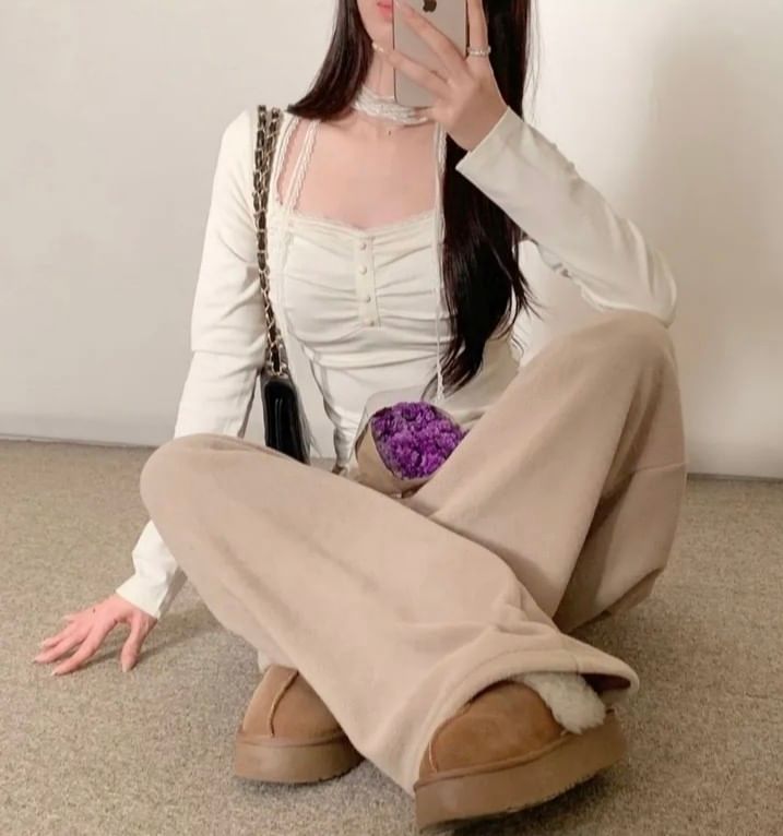 Square Neck Plain Lace Trim T-Shirt Long Sleeve