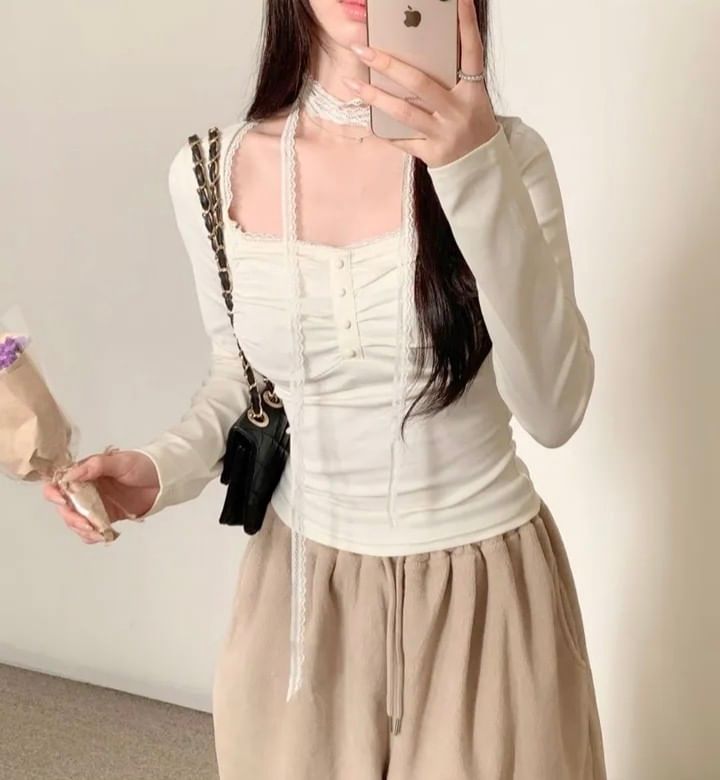 Square Neck Plain Lace Trim T-Shirt Long Sleeve