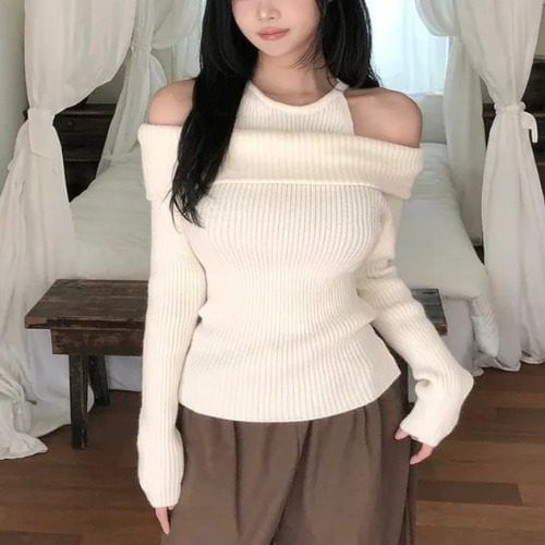 Cold Shoulder Ribbed Knit Long-Sleeve Blouse