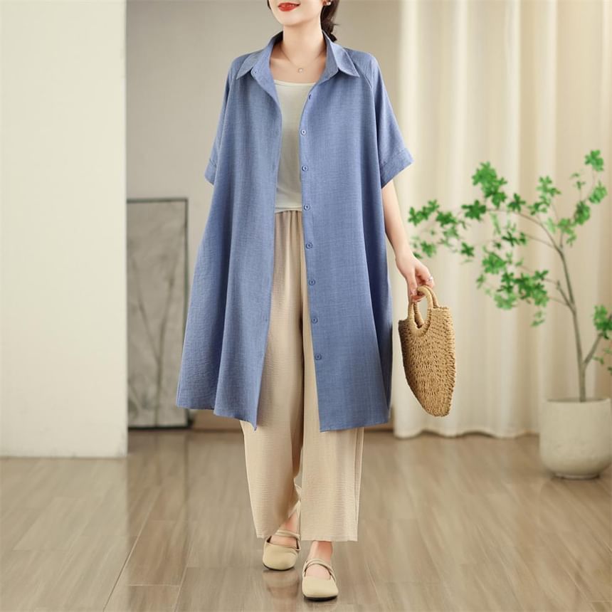 Sashed Long Shirt with Elbow-Length Sleeves
