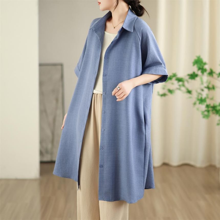 Sashed Long Shirt with Elbow-Length Sleeves