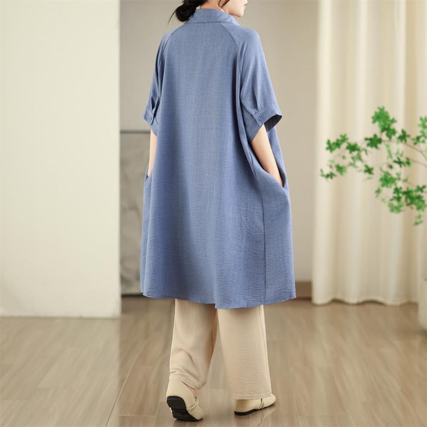 Sashed Long Shirt with Elbow-Length Sleeves