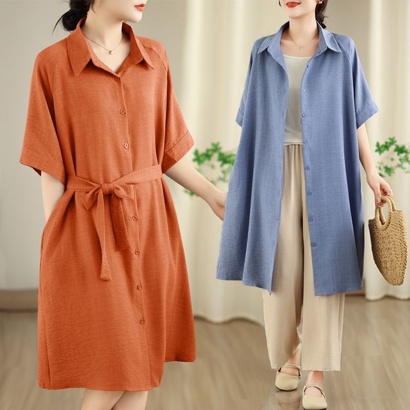 Sashed Long Shirt with Elbow-Length Sleeves