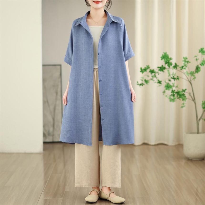 Sashed Long Shirt with Elbow-Length Sleeves