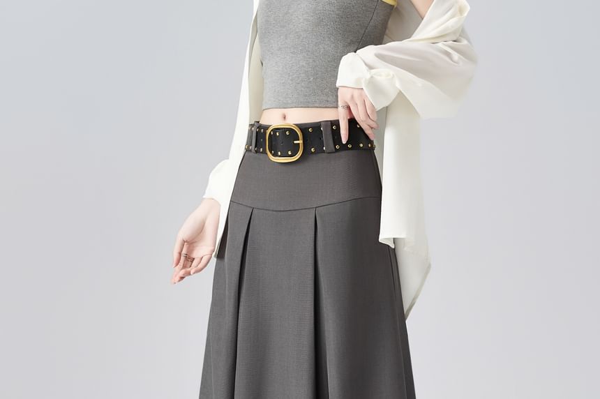 Pleated Maxi A-Line Skirt with Studded Belt - Mid Rise