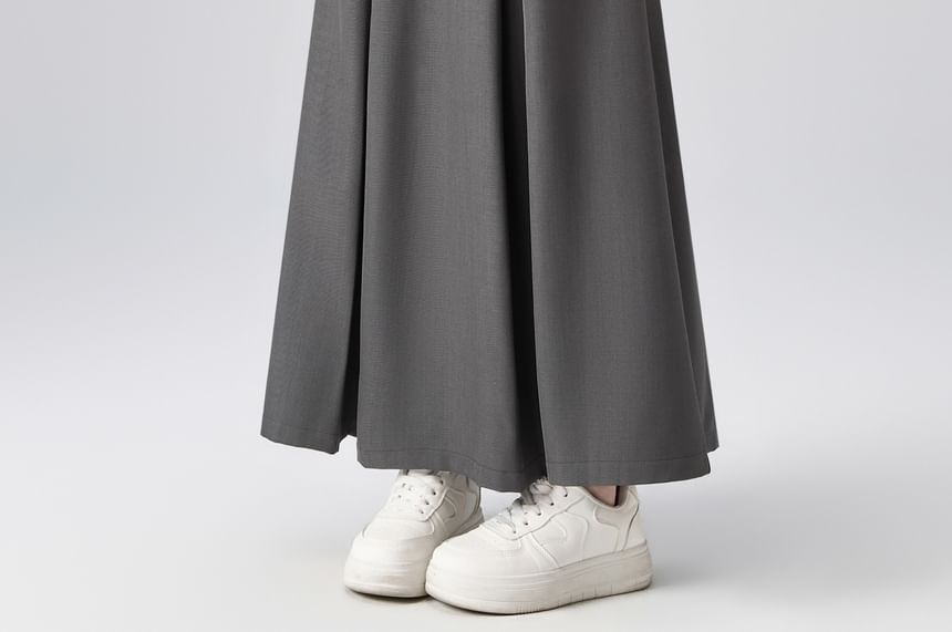 Pleated Maxi A-Line Skirt with Studded Belt - Mid Rise