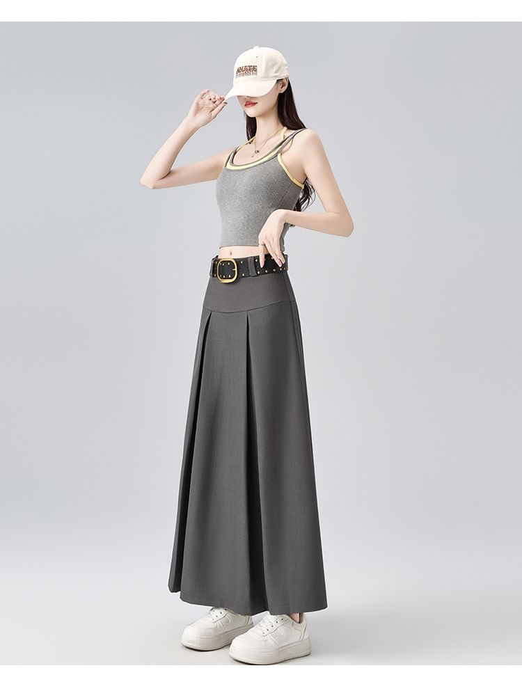 Pleated Maxi A-Line Skirt with Studded Belt - Mid Rise