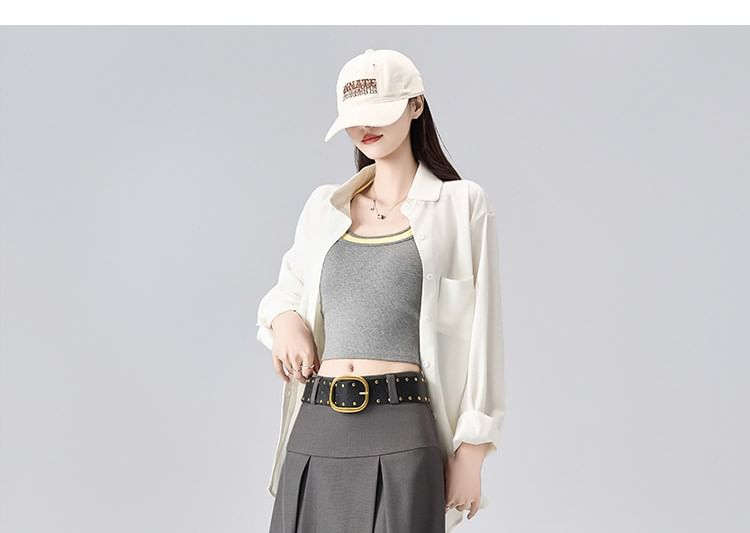 Pleated Maxi A-Line Skirt with Studded Belt - Mid Rise