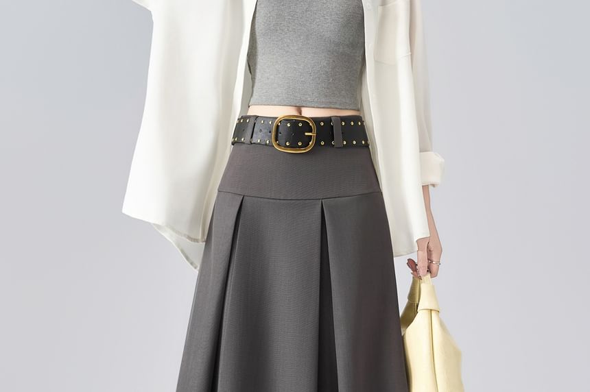 Pleated Maxi A-Line Skirt with Studded Belt - Mid Rise