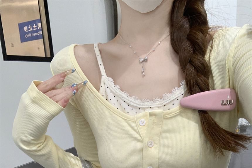 Mock Two Piece Scoop Neck Micro Dot Lace Tee