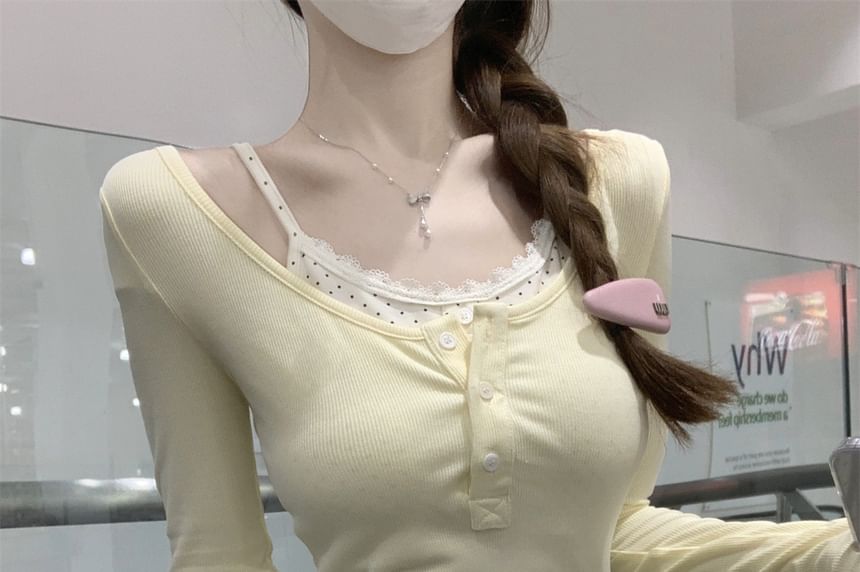 Mock Two Piece Scoop Neck Micro Dot Lace Tee