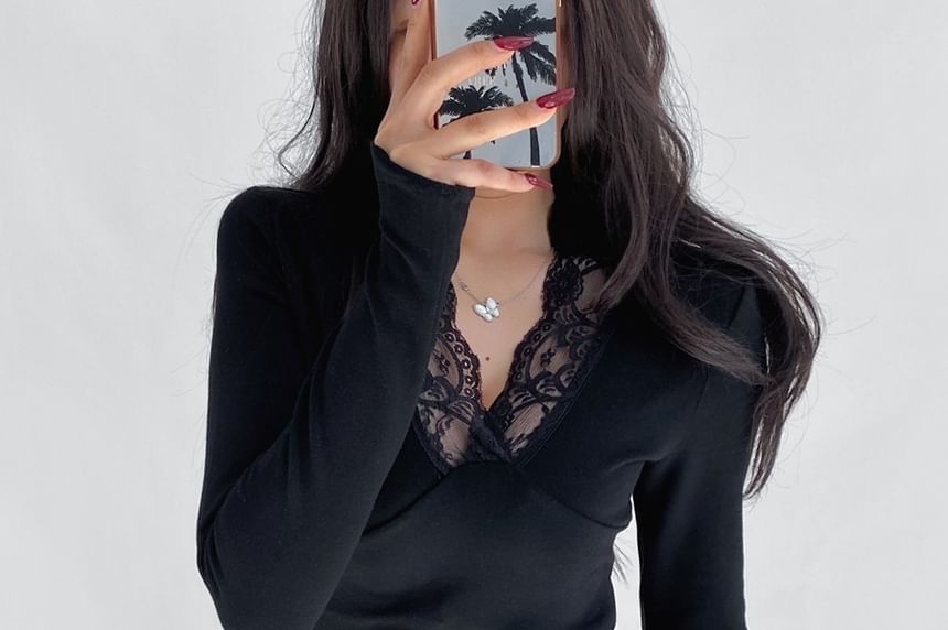 V-Neck Lace Panel Top
