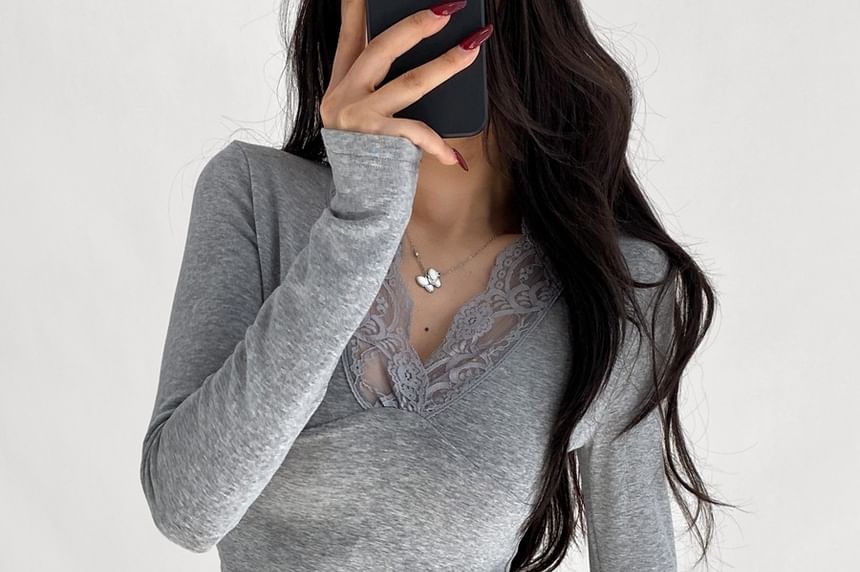 V-Neck Lace Panel Top
