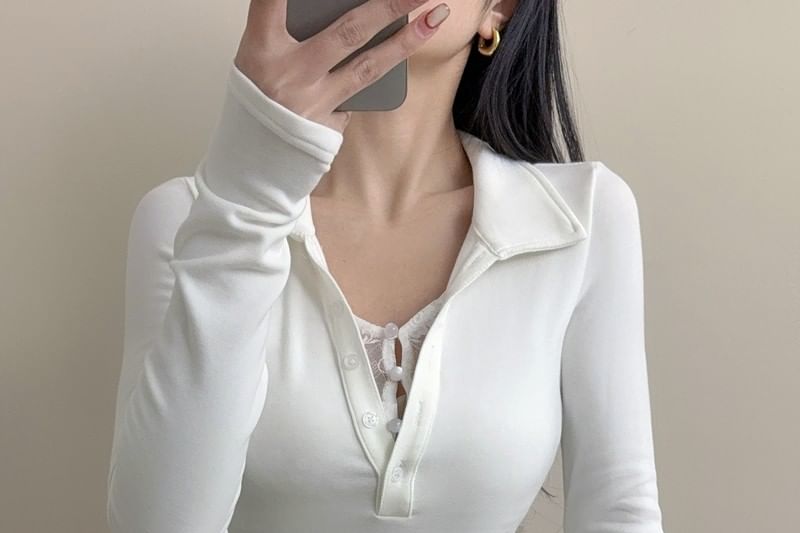 Collared Mock Two-Piece Lace Panel Top