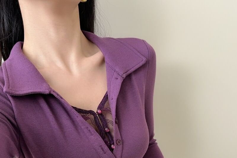 Collared Mock Two-Piece Lace Panel Top