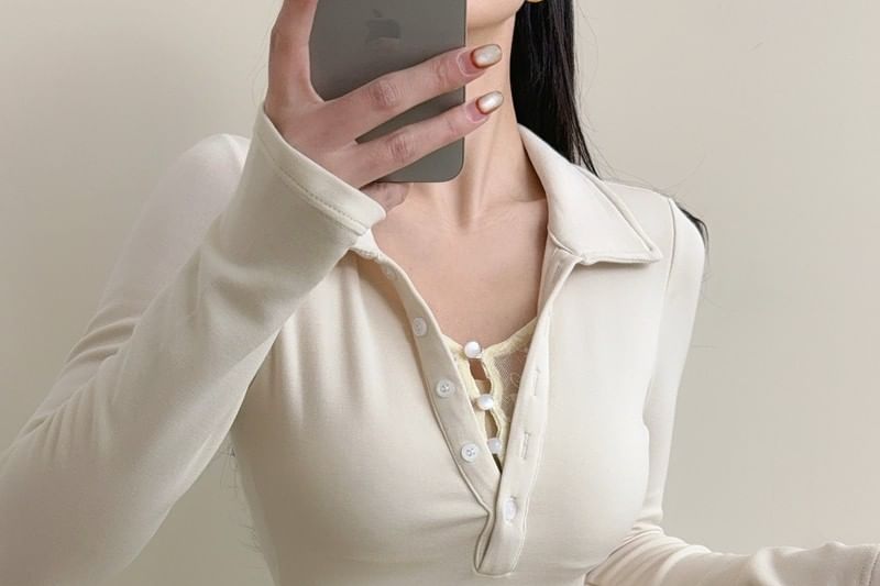 Collared Mock Two-Piece Lace Panel Top