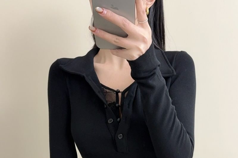Collared Mock Two-Piece Lace Panel Top