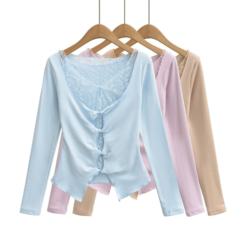 V-Neck Mock Two-Piece Lace Panel Top