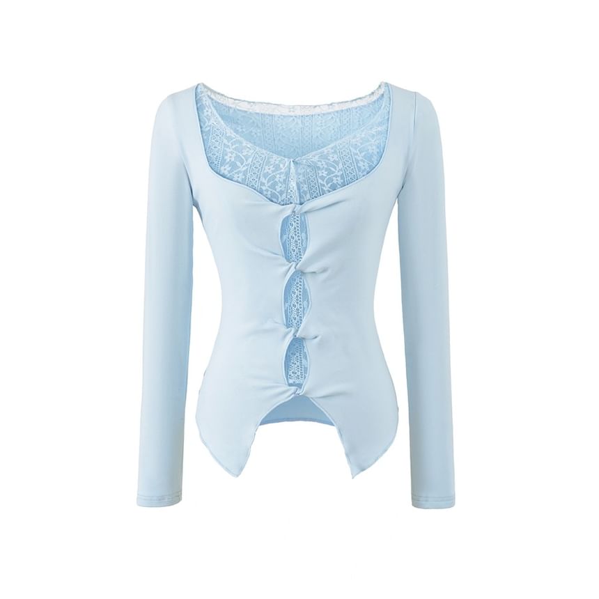 V-Neck Mock Two-Piece Lace Panel Top
