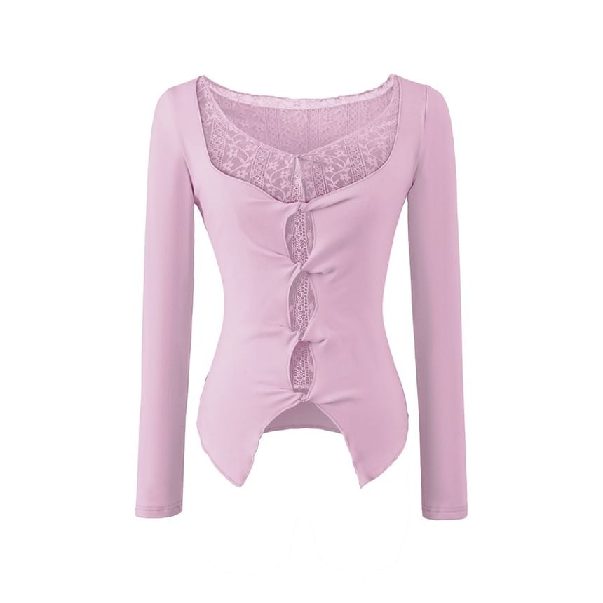 V-Neck Mock Two-Piece Lace Panel Top