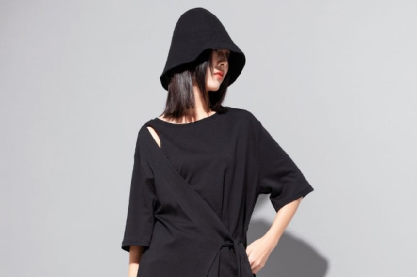 Elbow Sleeve Mock Two-Piece Tie-Up Top with High-Low Hem