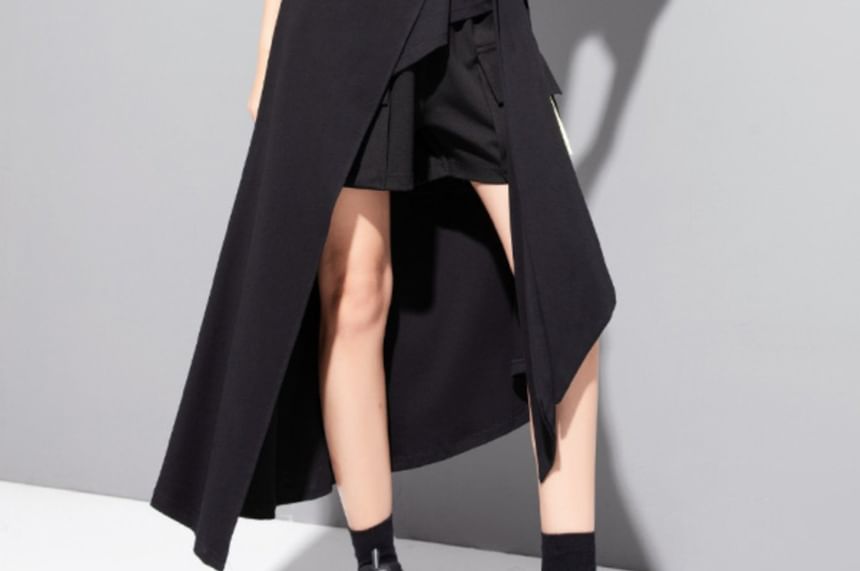 Elbow Sleeve Mock Two-Piece Tie-Up Top with High-Low Hem
