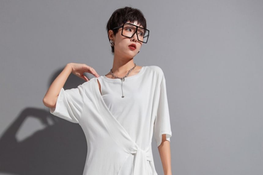 Elbow Sleeve Mock Two-Piece Tie-Up Top with High-Low Hem