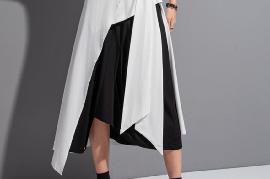 Elbow Sleeve Mock Two-Piece Tie-Up Top with High-Low Hem