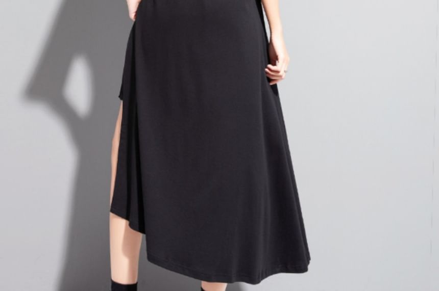 Elbow Sleeve Mock Two-Piece Tie-Up Top with High-Low Hem