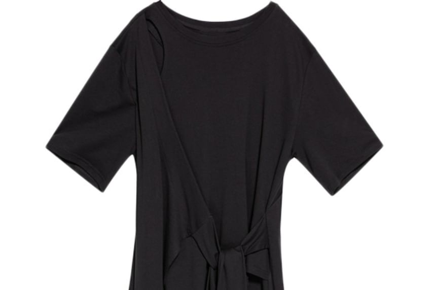 Elbow Sleeve Mock Two-Piece Tie-Up Top with High-Low Hem