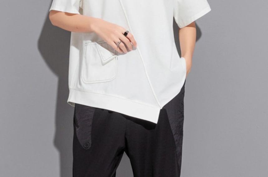 Asymmetric Contrast-Stitch Tee with Patch Pockets - Trendy