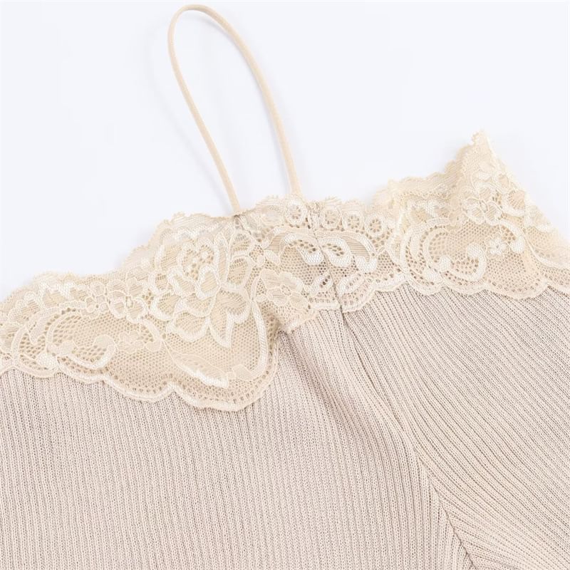 Ribbed Knit Cold-Shoulder Top with Lace Trim