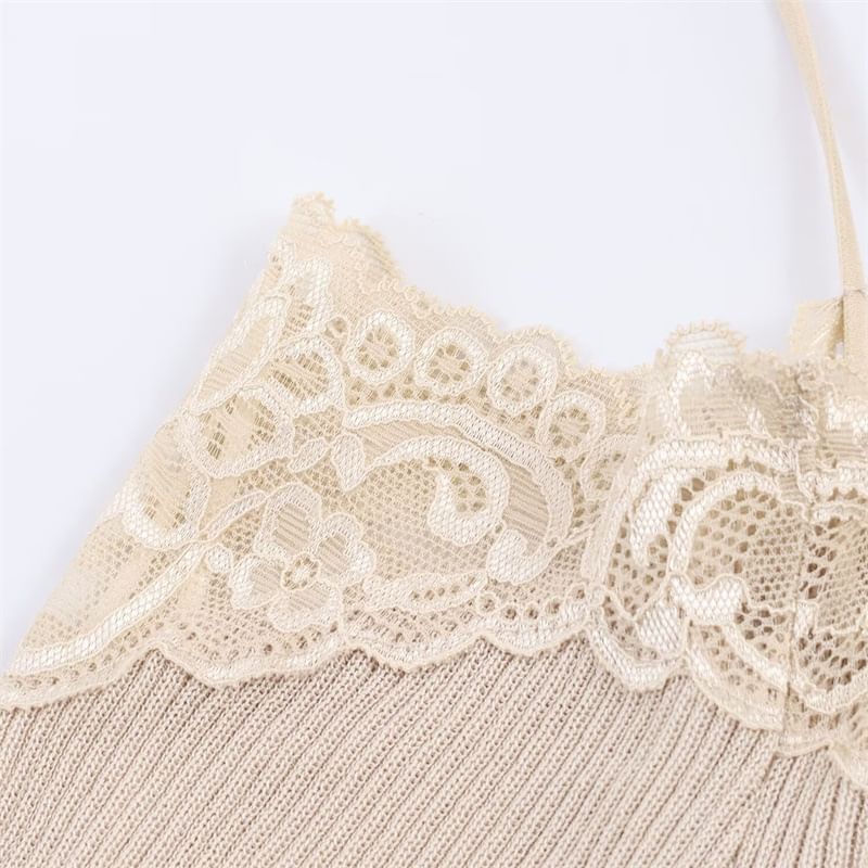 Ribbed Knit Cold-Shoulder Top with Lace Trim