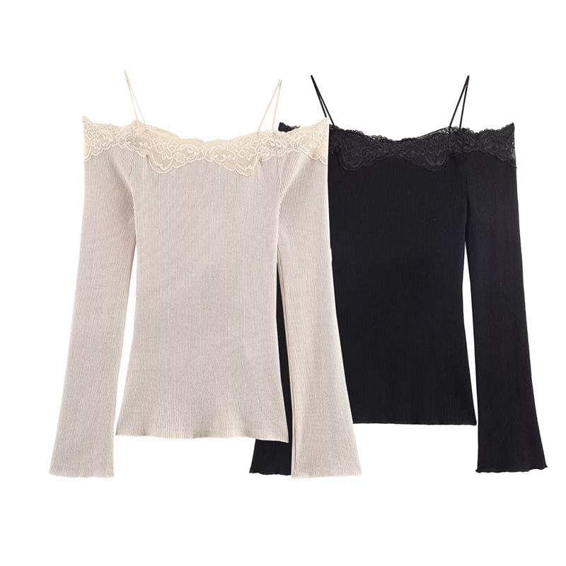 Ribbed Knit Cold-Shoulder Top with Lace Trim